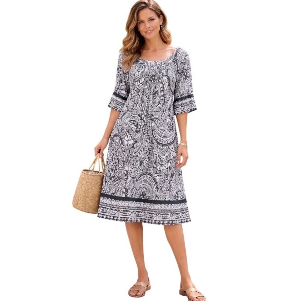 Umgee USA Brown White Paisley Print Off Shoulder Smocked Dress Medium